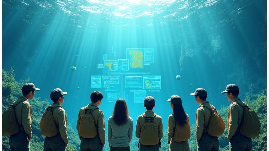 海中に設置されたブイやセンサー、海藻の再生プロジェクトが描かれた、詳細な海洋保全計画のコンセプトアート。専門家チームが意見を交換し、ホワイトボードに情報を書き込んでいる姿も見える。希望と科学的なアプローチを象徴する。