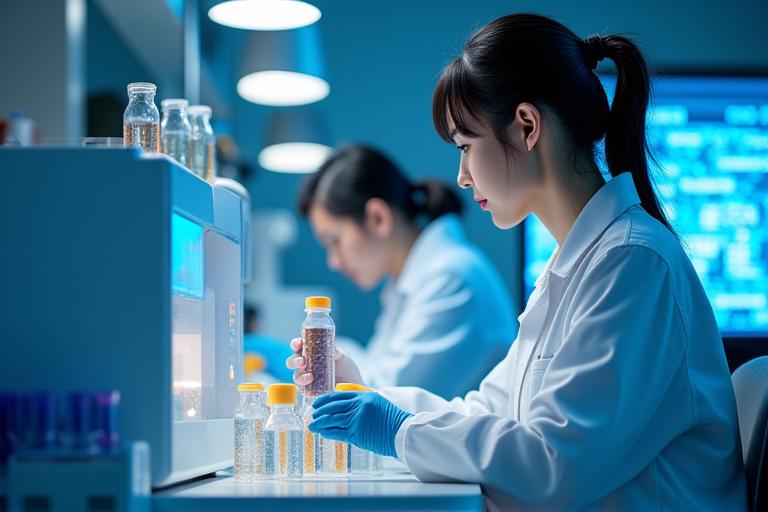 次世代シーケンサーが稼働している最新の海洋生物遺伝子解析ラボ。研究員が複雑なデータ画面を真剣に見つめ、フラスコや試験管が並ぶ実験台で作業している。清潔感と精密さを強調した構図。