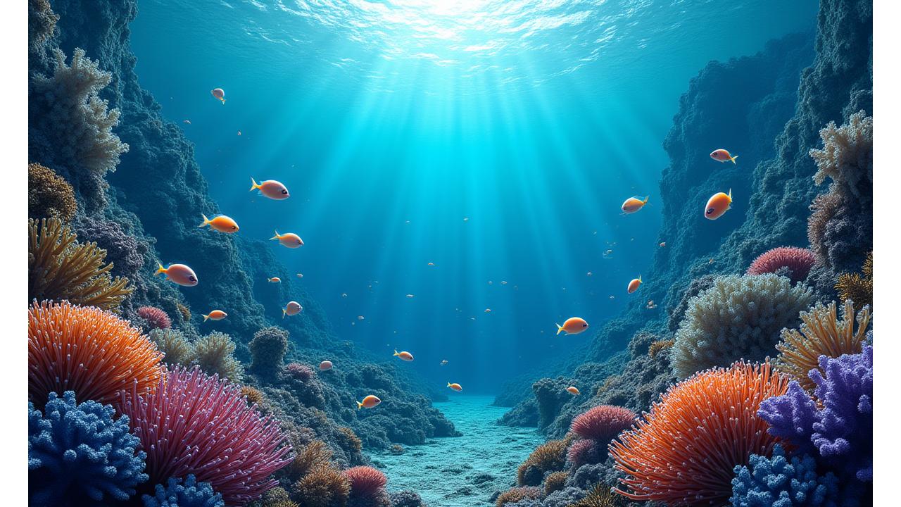 深海の多様な魚、サンゴ、クラゲが鮮やかな色彩で共存する、神秘的な海洋生態系の水中撮影。複数の研究者がリモートでこの生態系を観察している様子を遠景で捉える。