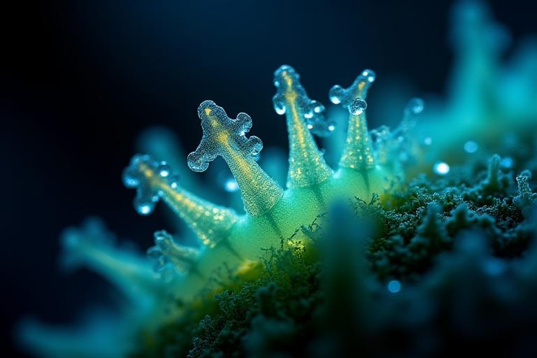 深海調査中に発見されたばかりの蛍光色の新種の海洋生物。繊細な触手と発光器官が特徴で、水中カメラのフラッシュに照らされ神秘的に輝く。拡大された詳細なクローズアップショット。
