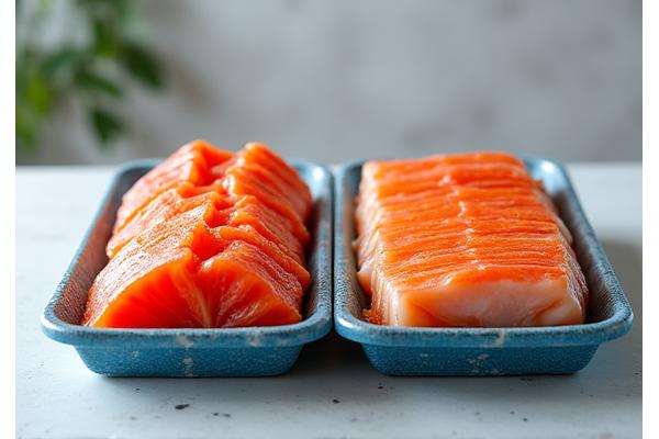 業務用と小売用の異なるパッケージングがされた魚介製品の例。小売用はカラフルで、業務用はシンプル。
