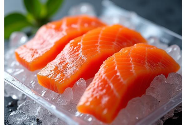 氷で鮮度を保たれた状態で配送される、透明なパッケージに入った新鮮な魚の切り身。