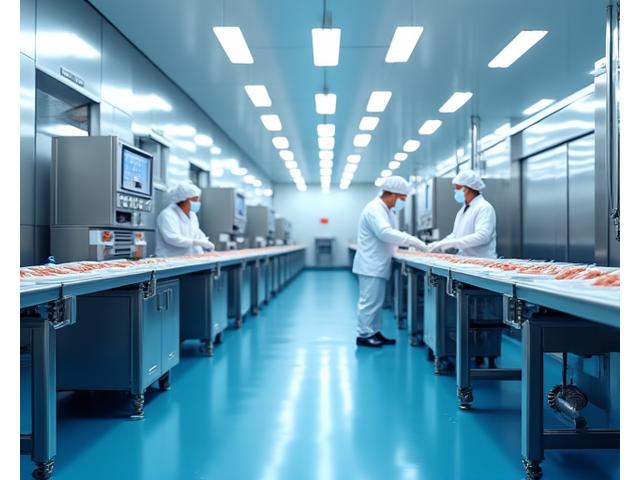 HACCP認証を受けた鳴神タイドの加工施設内部。清潔なステンレス製の機械と、防護服を着用した作業員が品質チェックを行っている様子。