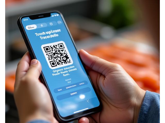 スマートフォンでQRコードをスキャンし、水産物のトレーサビリティ情報を確認する消費者の手元。画面には漁場情報や加工履歴が表示されている。