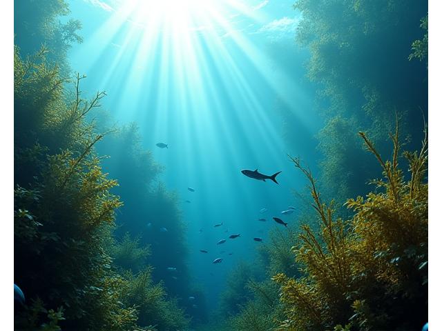 海底に広がる豊かな海藻の森。ゆったりと揺れる海藻の隙間から光が差し込み、その中に小さな魚たちが泳いでいる。クリーンで穏やかな海中環境を示すイメージ。