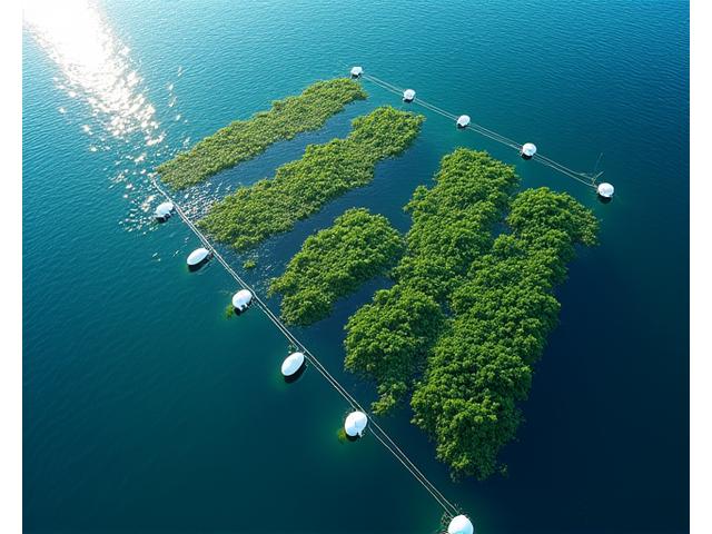 鳴神タイドの先進的な海藻養殖システム。青い海に白いブイが整然と並び、太陽の光を受けて輝く海藻が水中から伸びている様子を上空から捉えた写真。