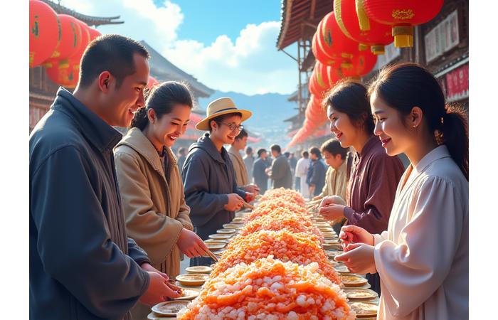 地域のお祭りや市場でにぎわう人々。伝統的な漁獲物が美しく並べられ、観光客が楽しんでいる風景。