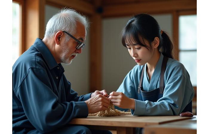 高齢の漁師が若い世代に伝統漁法の技術を指導している、温かい世代間交流の風景。