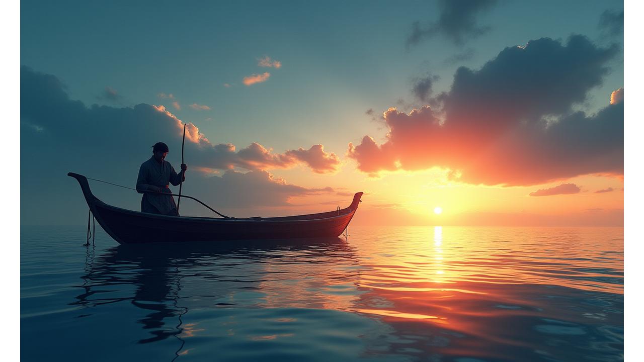 日本の美しい海で伝統漁法を行う人々。夕焼けのアースティックな風景。