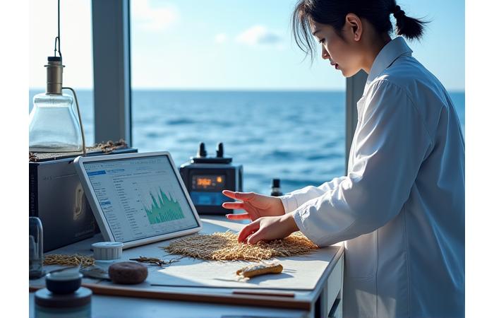 現代の調査機器と伝統的な漁具が並べられ、科学者がデータを分析している様子。