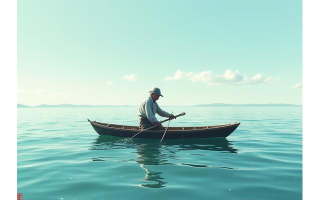 瀬戸内海での一本釣り漁師、静かに魚を釣り上げる姿。